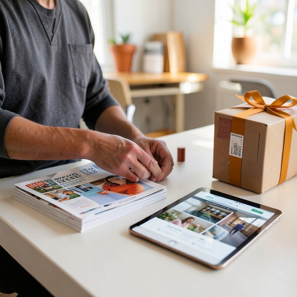 Small business owner organizing affiliate recruitment materials and promotional items