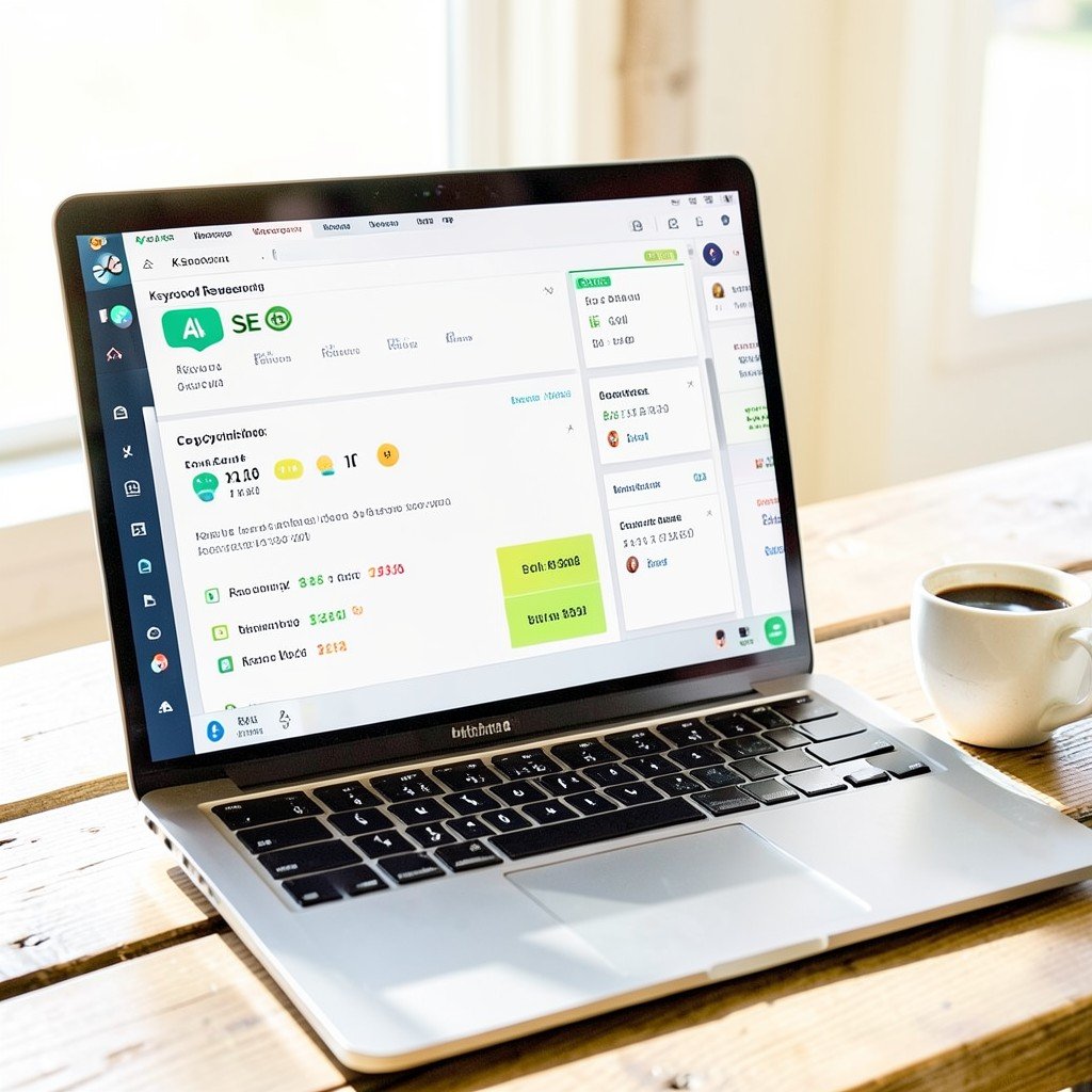 AI marketing tool for SEO showing keyword analysis on a laptop.