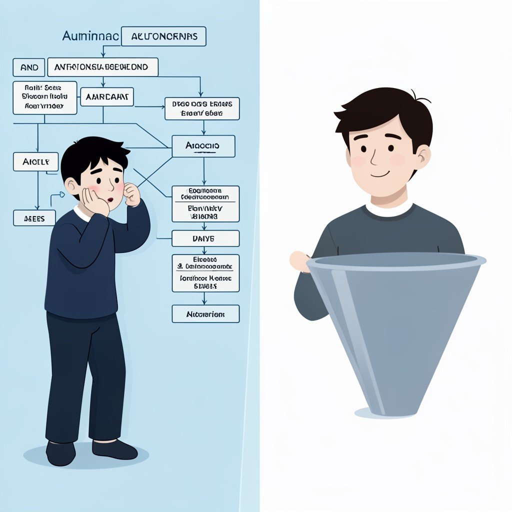 An illustration contrasting a complex automation workflow with a simplified one for an online marketing platform for small businesses.