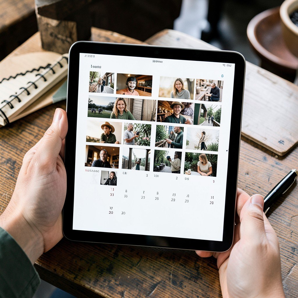 A person planning social media content on a tablet with a visual grid calendar.