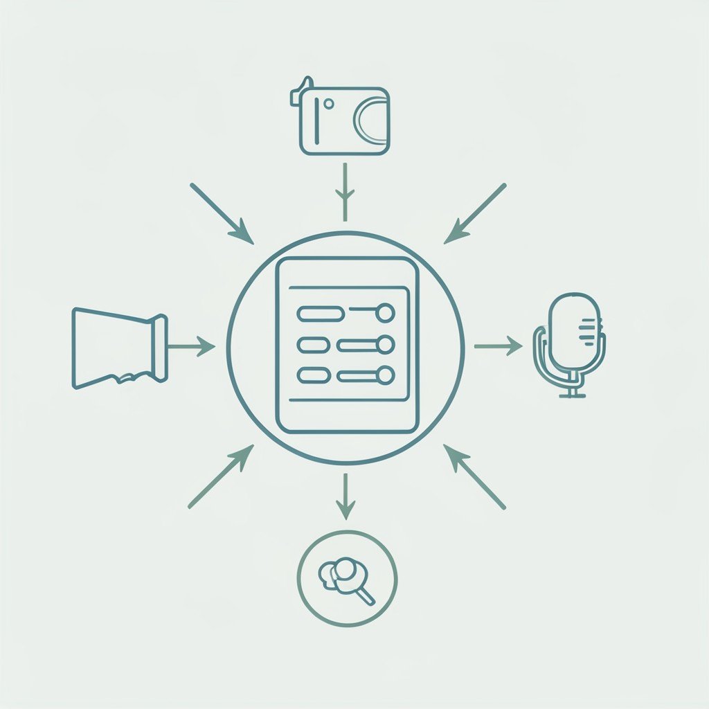 A diagram showing a blog post being repurposed into video, podcast, and social media content.