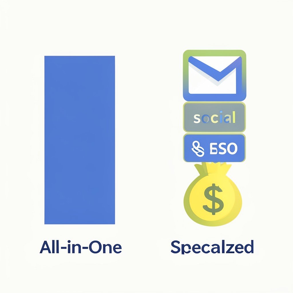 Comparison bar chart of all-in-one versus specialized marketing platform costs and features for small business.