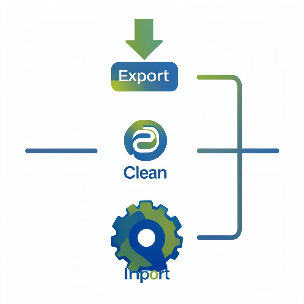 Flowchart of three steps to migrate marketing data: export, clean, and import from one platform to another.