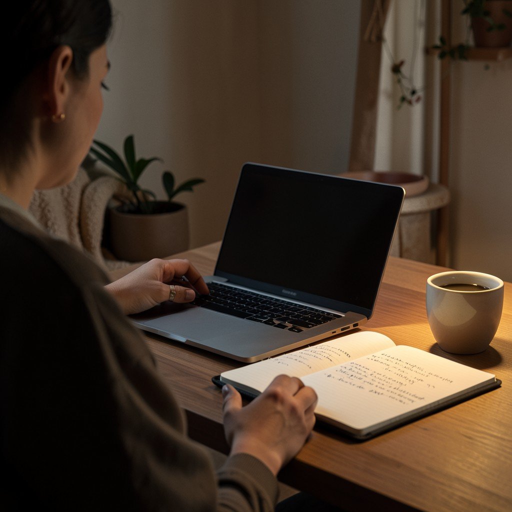 A person studying Google Ads certification materials on a laptop with handwritten notes, symbolizing learning and preparation.
