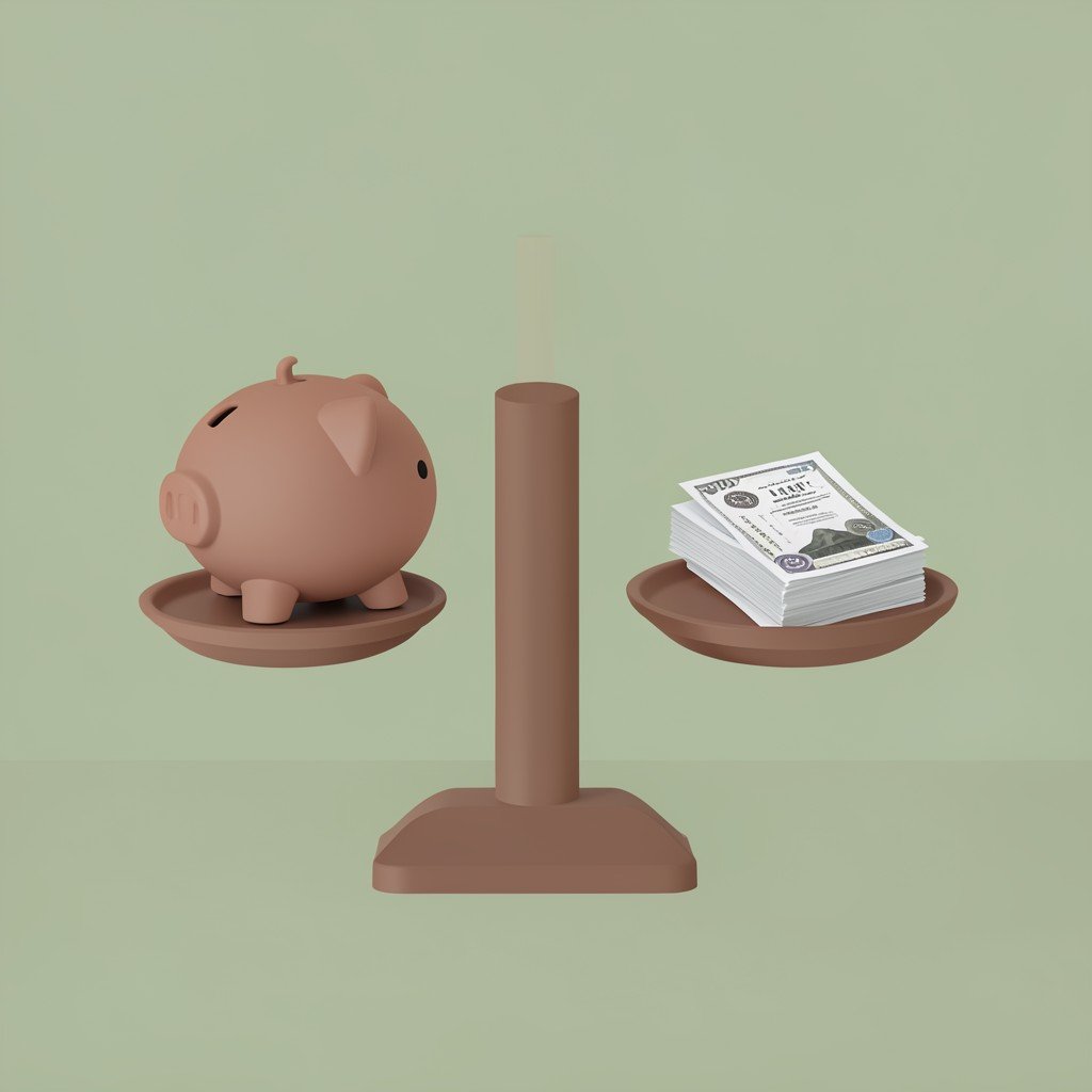 A scale balancing a piggy bank and papers, representing the comparison between certification costs and benefits.