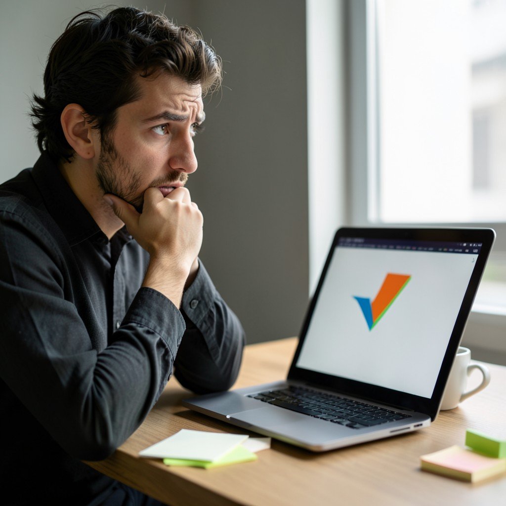 A person looking confused at a laptop with a downward trending graph, representing common mistakes beginners make with Google Ads.