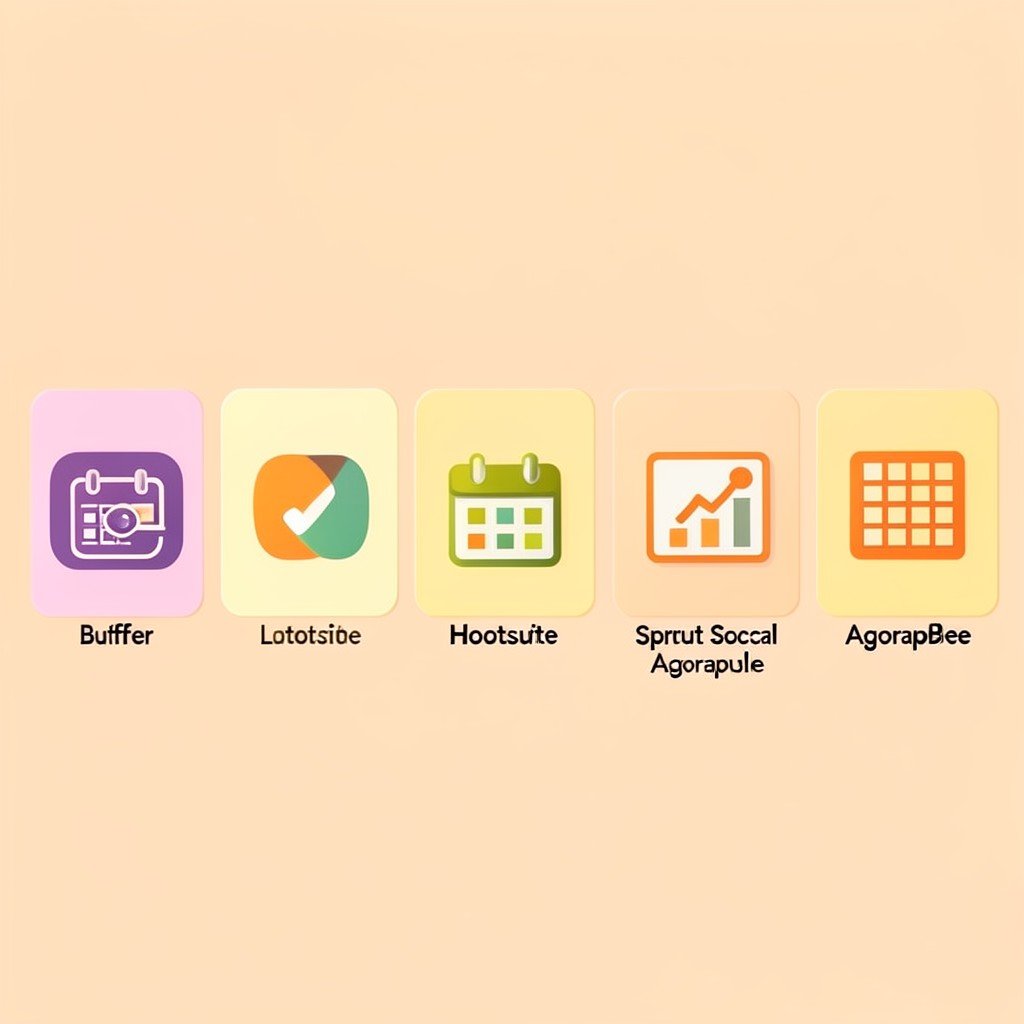 Six social media management tool cards with feature icons representing scheduling, analytics, and content planning.