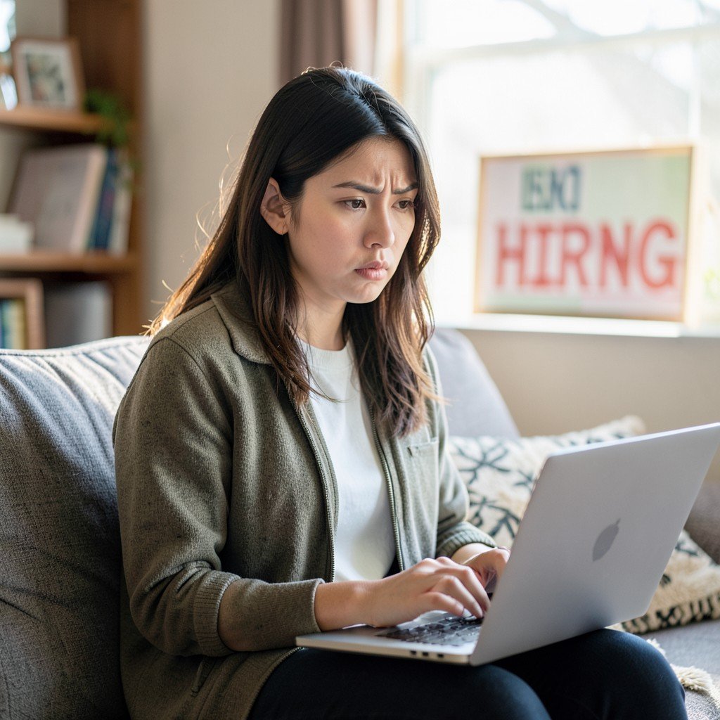 Young professional job hunting for social media marketing jobs on laptop.