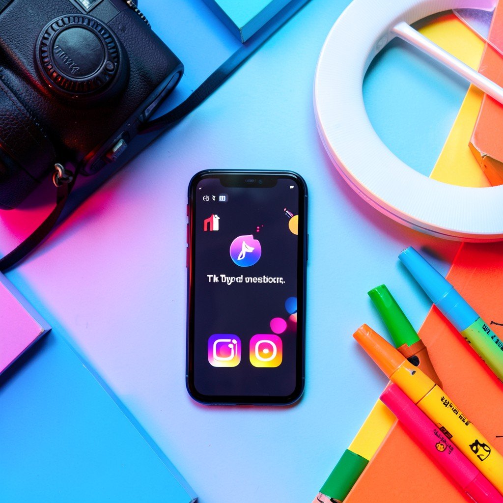 Social media platform icons on smartphone with camera equipment for social media marketing.