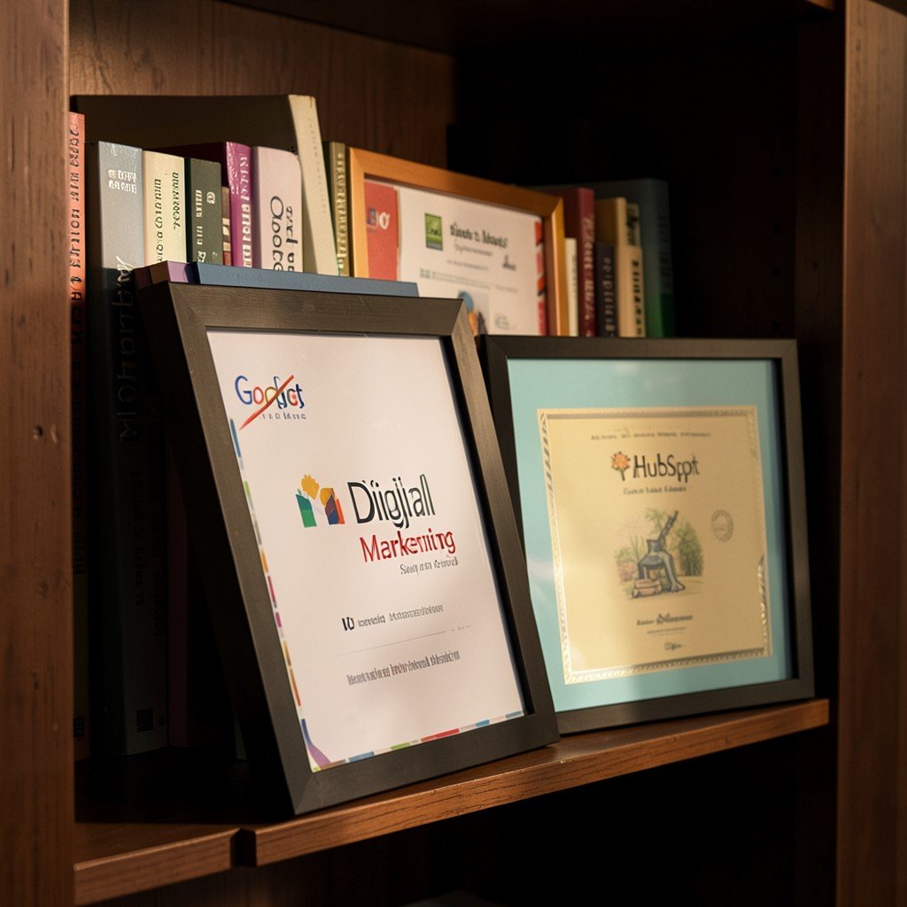 Framed Google and HubSpot certifications for social media marketing jobs.